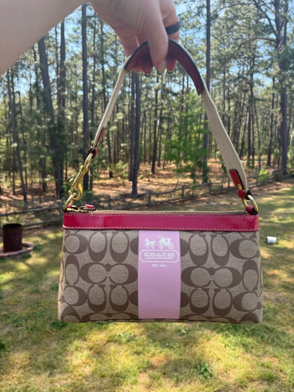 Coach Signature Canvas Wristlet in Beige with Pink Trim